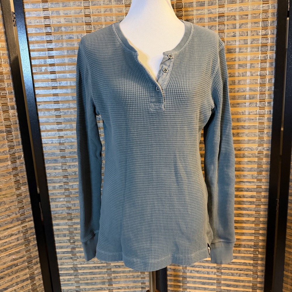 American Giant Henley Top Women M Blue Grey Waffle Knit Thermal Long Sleeve